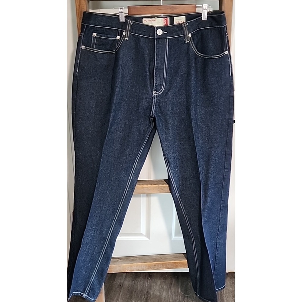 PJ Mark Mens Straight Leg Dark Wash Denim Jeans Blue 42x34 Contrast Stitch